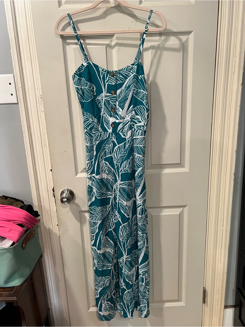 Teal and White Leaf Print Jumpsuit